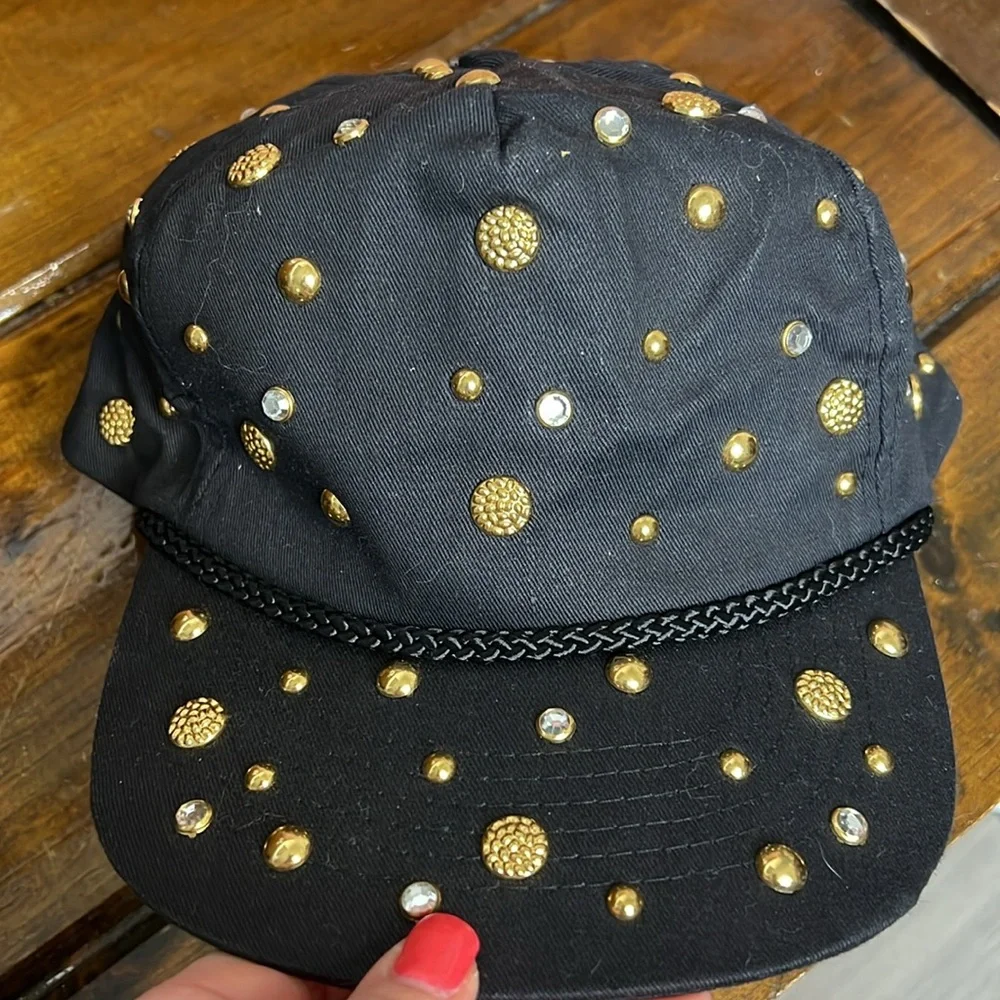 Vintage 80’s Black Cap with Gold‎ Studs and Rhinestones- OS